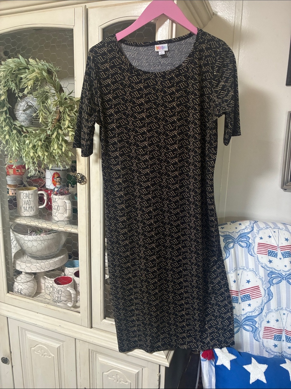 LuLaRoe Black Dress with Gold Script Print We The People